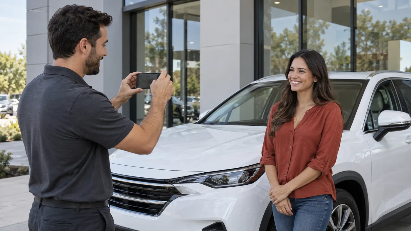 A salesperson holding up a phone to record a customer beside the vehicle they just bought